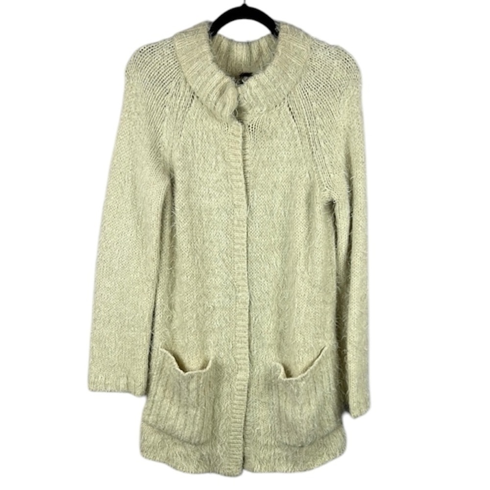 Free People Neutral Wool Blend Fuzzy Longline Cardigan Sweater Small Cream